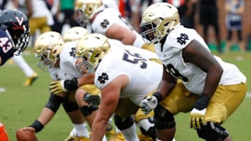 Sep 12, 2015; Charlottesville, VA, USA; The Notre Dame Fighting Irish offensive line lines up against the Virginia Cavaliers at Scott Stadium. Mandatory Credit: Geoff Burke-USA TODAY Sports