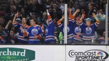 November 26, 2014; San Jose, CA, USA; Edmonton Oilers fans cheer during the second period between the San Jose Sharks and the Calgary Flames at SAP Center at San Jose. Mandatory Credit: Kyle Terada-USA TODAY Sports