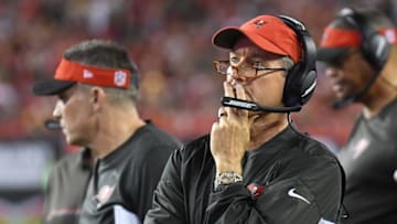 Dec 11, 2016; Tampa, FL, USA; Tampa Bay Buccaneers head coach Dirk Koetter watches the scoreboard during a review late in the second half against the New Orleans Saints at Raymond James Stadium. The Tampa Bay Buccaneers defeated the New Orleans Saints 16-11. Mandatory Credit: Jonathan Dyer-USA TODAY Sports