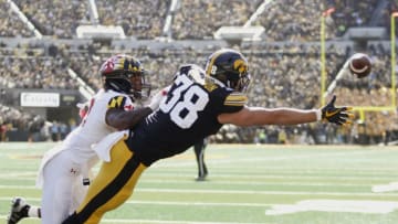 IOWA CITY, IOWA- OCTOBER 20: Defensive back Marcus Lewis #8 of the Maryland Terrapins breaks up a pass in the first half intended for tight end TJ Hockenson #38 of the Iowa Hawkeyes, on October 20, 2018 at Kinnick Stadium, in Iowa City, Iowa. (Photo by Matthew Holst/Getty Images)