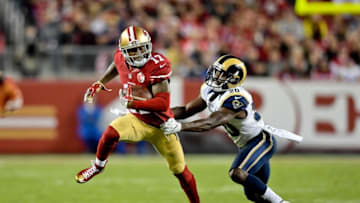 Sep 12, 2016; Santa Clara, CA, USA; San Francisco 49ers wide receiver Jeremy Kerley (17) rushes against Los Angeles Rams cornerback Lamarcus Joyner (20) during the second half of an NFL game at Levi
