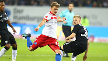 HAMBURG, GERMANY - NOVEMBER 04: Jann-Fiete Arp of Hamburg scores a goal to make it 3:1 during the Bundesliga match between Hamburger SV and VfB Stuttgart at Volksparkstadion on November 4, 2017 in Hamburg, Germany. (Photo by Martin Rose/Bongarts/Getty Images)