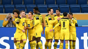 Borussia Dortmund players celebrate against Hoffenheim. (Photo by Alexander Scheuber/Getty Images)
