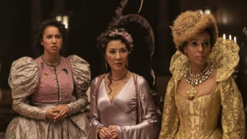 THE SCHOOL FOR GOOD AND EVIL. (L to R) Sofia Wylie as Agatha, Michelle Yeoh as Professor Anemone and Kerry Washington as Professor Dovey in The School For Good And Evil. Cr. Gilles Mingasson / Netflix © 2022