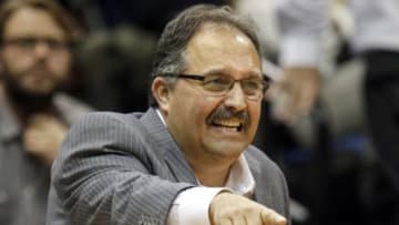 Nov 20, 2015; Minneapolis, MN, USA; Detroit Pistons head coach Stan Van Gundy instructs his team as they play the Minnesota Timberwolves at Target Center. The Pistons win 96-86. Mandatory Credit: Bruce Kluckhohn-USA TODAY Sports