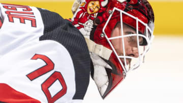TORONTO, ON - JANUARY 14: Louis Domingue #70 of the New Jersey Devils looks on against the Toronto Maple Leafs during the second period at the Scotiabank Arena on January 14, 2020 in Toronto, Ontario, Canada. (Photo by Kevin Sousa/NHLI via Getty Images)
