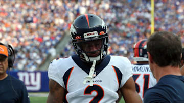 EAST RUTHERFORD, NEW JERSEY - SEPTEMBER 12: Cornerback Patrick Surtain, Jr. #2 of the Denver Broncos reacts to a play in the Denver Broncos vs New York Giants game at MetLife Stadium on September 12, 2021 in East Rutherford, New Jersey. (Photo by Al Pereira/Getty Images)
