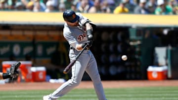 OAKLAND, CA - AUGUST 05: Nicholas Castellanos #9 of the Detroit Tigers flies out to Ramon Laureano #22 of the Oakland Athletics in the sixth inning at Oakland Alameda Coliseum on August 5, 2018 in Oakland, California. (Photo by Lachlan Cunningham/Getty Images)