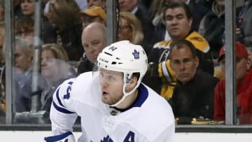 BOSTON, MA - APRIL 21: Toronto Maple Leafs defenseman Morgan Rielly (44) starts a rush during Game 5 of the First Round for the 2018 Stanley Cup Playoffs between the Boston Bruins and the Toronto Maple Leafs on April 21, 2018, at TD Garden in Boston, Massachusetts. The Maple Leafs defeated the Bruins 4-3. (Photo by Fred Kfoury III/Icon Sportswire via Getty Images)