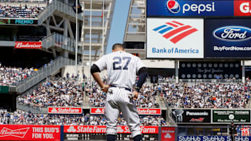 NEW YORK, NY - APRIL 22: Giancarlo Stanton #27 of the New York Yankees reacts after he grounds out to end the third inning in an MLB baseball game against the Toronto Blue Jays on April 22, 2018 at Yankee Stadium in the Bronx borough of New York City. Yankees won 5-1. (Photo by Paul Bereswill/Getty Images) *** Local Caption *** Giancarlo Stanton