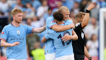 LEICESTER, ENGLAND - JULY 30: Julian Alvarez of Manchester City celebrates scoring their side's first goal with teammate Erling Haaland during The FA Community Shield between Manchester City and Liverpool FC at The King Power Stadium on July 30, 2022 in Leicester, England. (Photo by Mike Hewitt/Getty Images)
