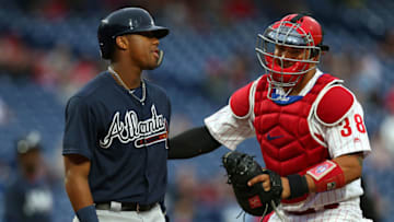 PHILADELPHIA, PA - MAY 22: Ronald Acuna Jr. #13 of the Atlanta Braves is tagged out by catcher Jorge Alfaro #38 of the Philadelphia Phillies after getting caught in a rundown on a single off the bat of Nick Markakis during the first inning at Citizens Bank Park on May 22, 2018 in Philadelphia, Pennsylvania. (Photo by Rich Schultz/Getty Images)