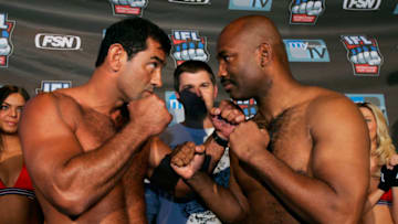 HOFFMAN ESTATES, IL - MAY 18: Marco Ruas of the Condors (L) and Maurice Smith of the Tiger Sharks (R) face off before their Superfight during the IFL weigh-in for the fights between the Condors versus the Razorclaws and the Red Bears versus Silverbacks at Buffalo Wild Wings May 18, 2007 in Hoffman Estates, Illinois. (Photo by Brian Bahr/Getty Images for IFL)