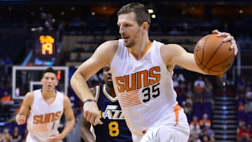 Apr 3, 2016; Phoenix, AZ, USA; Phoenix Suns forward Mirza Teletovic (35) drives the ball against the Utah Jazz at Talking Stick Resort Arena. Mandatory Credit: Jennifer Stewart-USA TODAY Sports