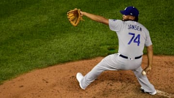 WASHINGTON, DC - OCTOBER 06: Kenley Jansen #74 of the Los Angeles Dodgers pitches against the Washington Nationals in the ninth inning in Game 3 of the NLDS at Nationals Park on October 6, 2019 in Washington, DC. (Photo by Patrick McDermott/Getty Images)