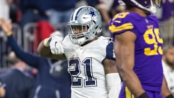 Dec 1, 2016; Minneapolis, MN, USA; Dallas Cowboys running back Ezekiel Elliott (21) celebrates a first down during the fourth quarter against the Minnesota Vikings at U.S. Bank Stadium. The Cowboys defeated the Vikings 17-15. Mandatory Credit: Brace Hemmelgarn-USA TODAY Sports