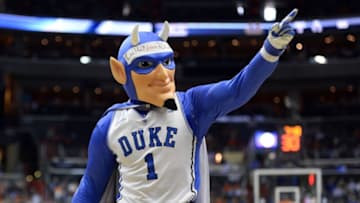 Mar 10, 2016; Washington, DC, USA; Duke Blue Devils mascot walks across the court in the second half against the Notre Dame Fighting Irish during day three of the ACC conference tournament at Verizon Center. Notre Dame Fighting Irish defeated Duke Blue Devils 84-79 in overtime Mandatory Credit: Tommy Gilligan-USA TODAY Sports