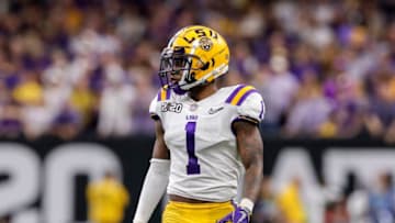 NEW ORLEANS, LA - JANUARY 13: Cornerback Kristian Fulton #1 of the LSU Tigers during the College Football Playoff National Championship game against the Clemson Tigers at the Mercedes-Benz Superdome on January 13, 2020 in New Orleans, Louisiana. LSU defeated Clemson 42 to 25. (Photo by Don Juan Moore/Getty Images)