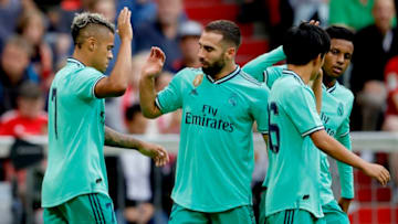 MUNICH, GERMANY - JULY 31: Mariano Diaz of Real Madrid celebrates with Dani Carvajal of Real Madrid during the Audi Cup match between Real Madrid v Fenerbahce at the Allianz Arena on July 31, 2019 in Munich Germany (Photo by Rico Brouwer/Soccrates/Getty Images)