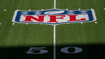 A detailed view of the NFL logo at mid field during a regular season game between the New York Jets and the San Francisco 49ers at MetLife Stadium on September 20, 2020 in East Rutherford, New Jersey. (Photo by Benjamin Solomon/Getty Images)