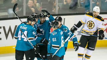 Mar 15, 2016; San Jose, CA, USA; San Jose Sharks right wing Melker Karlsson (68) celebrates scoring against the Boston Bruins in the first period at SAP Center at San Jose. Mandatory Credit: John Hefti-USA TODAY Sports.