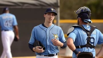 Feb 21, 2016; Port Charlotte, FL, USA; Tampa Bay Rays catcher Curt Casali (19) talks to Rays pitcher Blake Snell (50) at Charlotte Sports Park. Mandatory Credit: Jonathan Dyer-USA TODAY Sports