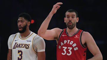 LOS ANGELES, CALIFORNIA - NOVEMBER 10: Marc Gasol #33 of the Toronto Raptors reacts to play in front of Anthony Davis #3 of the Los Angeles Lakers during a 113-104 Raptor win at Staples Center on November 10, 2019 in Los Angeles, California. NOTE TO USER: User expressly acknowledges and agrees that, by downloading and/or using this photograph, user is consenting to the terms and conditions of the Getty Images License Agreement. (Photo by Harry How/Getty Images)
