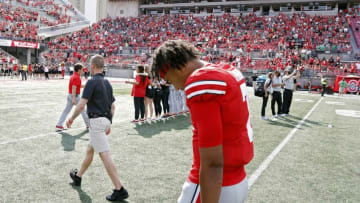 Ohio State Buckeyes quarterback C.J. Stroud (7) walks off the field after losing 35-28 to Oregon Ducks in their NCAA Division I game on Saturday, September 11, 2021 at Ohio Stadium in Columbus, Ohio.Osu21ore Kwr 53