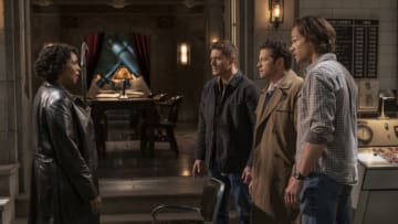 Supernatural -- "Despair" -- Image Number: SN1518A_0132r.jpg -- Pictured (L-R): Lisa Berry as Billie, Jensen Ackles as Dean, Misha Collins as Castiel and Jared Padalecki as Sam -- Photo: Colin Bentley/The CW -- © 2020 The CW Network, LLC. All Rights Reserved.