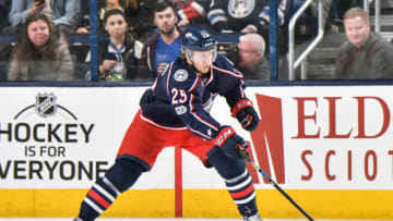 COLUMBUS, OH - FEBRUARY 25: William Karlsson #25 of the Columbus Blue Jackets skates against the New York Islanders on February 25, 2017 at Nationwide Arena in Columbus, Ohio. (Photo by Jamie Sabau/NHLI via Getty Images)