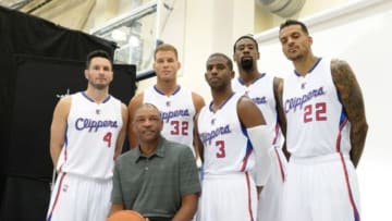 Sep 29, 2014; Los Angeles, CA, USA; Los Angeles Clippers head coach Doc Rivers, forward Blake Griffin (32), guard Chris Paul (3), forward Matt Barnes (22), center DeAndre Jordan (6) and guard J.J. Redick (4) during media day at the training facility in Playa Vista. Mandatory Credit: Jayne Kamin-Oncea-USA TODAY Sports
