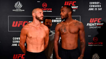 SINGAPORE - JUNE 22: (L-R) Opponents Donald Cerrone of the United States and Leon Edwards of Jamaica pose for the media during the UFC Fight Night weigh-in at the Mandarin Oriental on June 22, 2018 in Singapore. (Photo by Jeff Bottari/Zuffa LLC/Zuffa LLC via Getty Images)