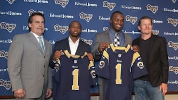 Apr 26, 2013; St. Louis, MO, USA; St. Louis Rams head coach Jeff Fisher (left) poses for a photo with 2013 first round draft picks Tavon Austin and Alec Ogletree and general manager Les Snead (right) during a press conference at ContinuityX Training Center. Mandatory Credit: Jeff Curry-USA TODAY Sports