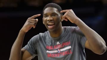Jan 10, 2016; Philadelphia, PA, USA; Philadelphia 76ers center Joel Embiid (21) jokes around prior to a game against the Cleveland Cavaliers at Wells Fargo Center. Mandatory Credit: Bill Streicher-USA TODAY Sports