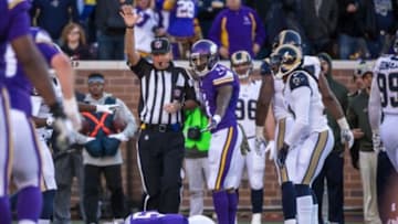 Nov 8, 2015; Minneapolis, MN, USA; Minnesota Vikings quarterback Teddy Bridgewater (5) injured after a late hit during the fourth quarter against the St. Louis Rams at TCF Bank Stadium. The Vikings defeated the Rams 21-18. Mandatory Credit: Brace Hemmelgarn-USA TODAY Sports