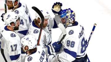 EDMONTON, ALBERTA - SEPTEMBER 23: Steven Stamkos #91 and Andrei Vasilevskiy #88 of the Tampa Bay Lightning celebrate their teams 5-2 victory against the Dallas Stars in Game Three of the 2020 NHL Stanley Cup Final at Rogers Place on September 23, 2020 in Edmonton, Alberta, Canada. (Photo by Bruce Bennett/Getty Images)