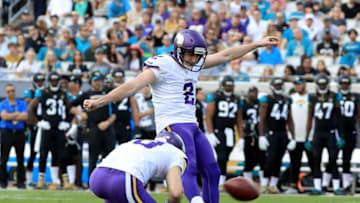 JACKSONVILLE, FL - DECEMBER 11: Minnesota Vikings #2 Kai Forbath kicks a field goal during the game against the Jacksonville Jaguars at EverBank Field on December 11, 2016 in Jacksonville, Florida.
