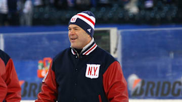 NEW YORK, NY - JANUARY 1: New York Rangers head coach Alain Vigneault leaves the ice after defeating the Buffalo Sabres at the 2018 Bridgestone NHL Winter Classic at Citi Field on January 1, 2018 in New York, New York. (Photo by Bill Wippert/NHLI via Getty Images)