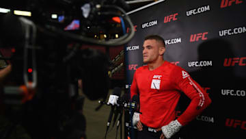 GLENDALE, AZ - APRIL 11: Dustin Poirier addresses the media during an open workout at Gila River Arena on April 11, 2018 in Glendale, Arizona. (Photo by Jennifer Stewart/Zuffa LLC/Zuffa LLC via Getty Images)