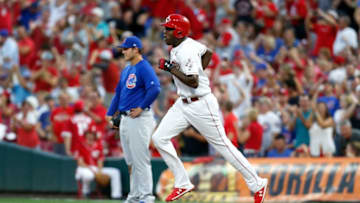 CINCINNATI, OH - AUGUST 10: Aristides Aquino #44 of the Cincinnati Reds runs the bases after hitting his third home run of the game during the fourth inning of the game against the Chicago Cubs at Great American Ball Park on August 10, 2019 in Cincinnati, Ohio. (Photo by Kirk Irwin/Getty Images)