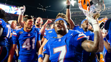 Sep 16, 2023; Gainesville, Florida, USA; Florida Gators running back Trevor Etienne (7) celebrates after the game against the Tennessee Volunteers at Ben Hill Griffin Stadium. Mandatory Credit: Chris Watkins-USA TODAY Sports