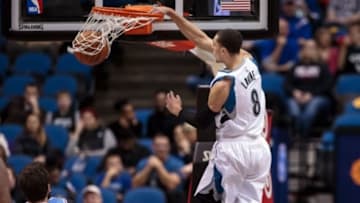 Dec 18, 2015; Minneapolis, MN, USA; Minnesota Timberwolves guard Zach LaVine (8) dunks in the second quarter against the Sacramento Kings at Target Center. Mandatory Credit: Brad Rempel-USA TODAY Sports