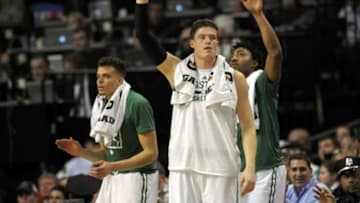 Dec 21, 2015; Boston, MA, USA; Boston Celtics forward Jonas Jerebko (8) and his teammates react after a basket during the first half against the Minnesota Timberwolves at TD Garden. Mandatory Credit: Bob DeChiara-USA TODAY Sports