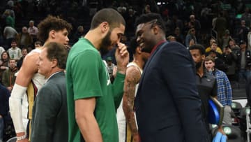 Jan 11, 2020; Boston, Massachusetts, USA; Boston Celtics forward Jayson Tatum (0) and New Orleans Pelicans forward Zion Williamson (1) after the end of the game at TD Garden. Mandatory Credit: Bob DeChiara-USA TODAY Sports