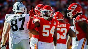 KANSAS CITY, MO - DECEMBER 12: Nick Bolton #54 of the Kansas City Chiefs celebrates his second quarter tackle against the Las Vegas Raiders at Arrowhead Stadium on December 12, 2021 in Kansas City, Missouri. (Photo by David Eulitt/Getty Images)