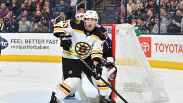 COLUMBUS, OH - MARCH 12: Brad Marchand #63 of the Boston Bruins skates against the Columbus Blue Jackets on March 12, 2019 at Nationwide Arena in Columbus, Ohio. (Photo by Jamie Sabau/NHLI via Getty Images)