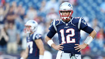 FOXBOROUGH, MA - AUGUST 9 : Tom Brady #12 of the New England Patriots looks on before the preseason game between the New England Patriots and the Washington Redskins at Gillette Stadium on August 9, 2018 in Foxborough, Massachusetts. (Photo by Maddie Meyer/Getty Images)