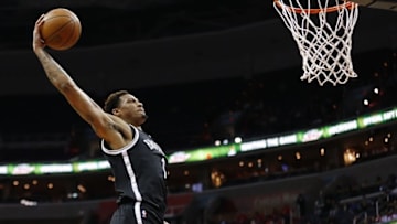 Apr 6, 2016; Washington, DC, USA; Brooklyn Nets forward Chris McCullough (1) dunks the ball against the Washington Wizards in the third quarter at Verizon Center. The Wizards won 121-103. Mandatory Credit: Geoff Burke-USA TODAY Sports