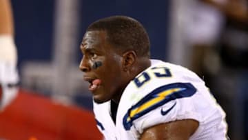 Sep 8, 2014; Glendale, AZ, USA; San Diego Chargers tight end Antonio Gates reacts on the bench in the closing seconds of the game against the Arizona Cardinals at University of Phoenix Stadium. The Cardinals defeated the Chargers 18-17. Mandatory Credit: Mark J. Rebilas-USA TODAY Sports