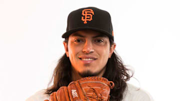 SCOTTSDALE, AZ - FEBRUARY 20: Pitcher Dereck Rodriguez (83) poses for a photo during the San Francisco Giants photo day on Tuesday, Feb. 20, 2018 at Scottsdale Stadium in Scottsdale, Ariz. (Photo by Ric Tapia/Icon Sportswire via Getty Images)